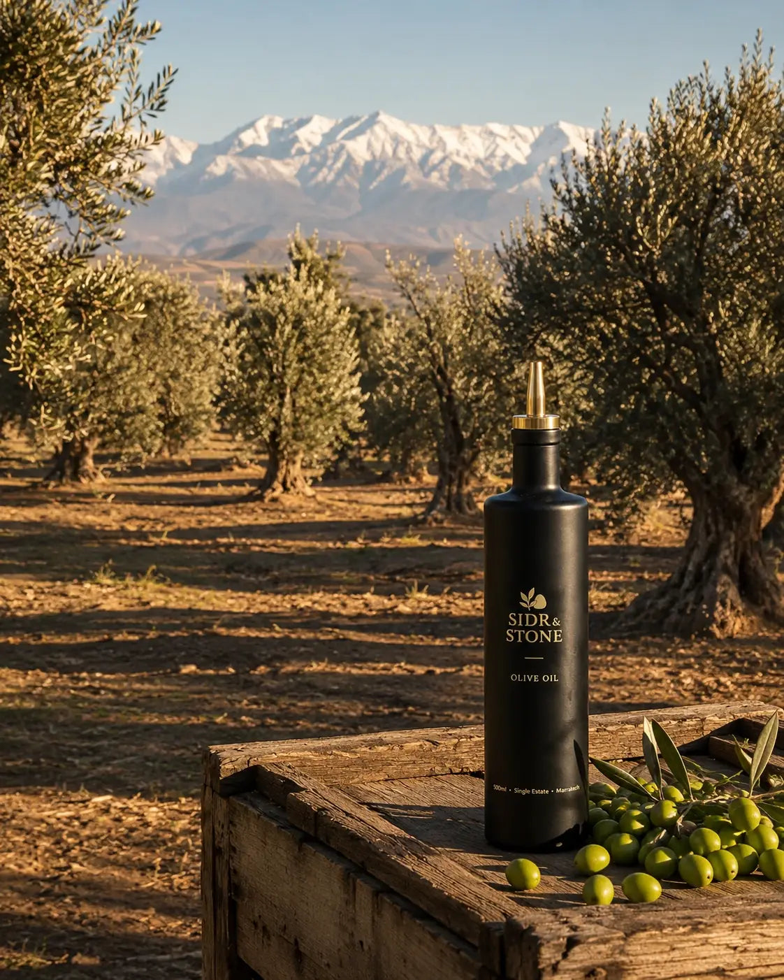 Sidr & Stone Marrakech olive oil bottle in a sunlit olive grove with the Atlas Mountains in the background