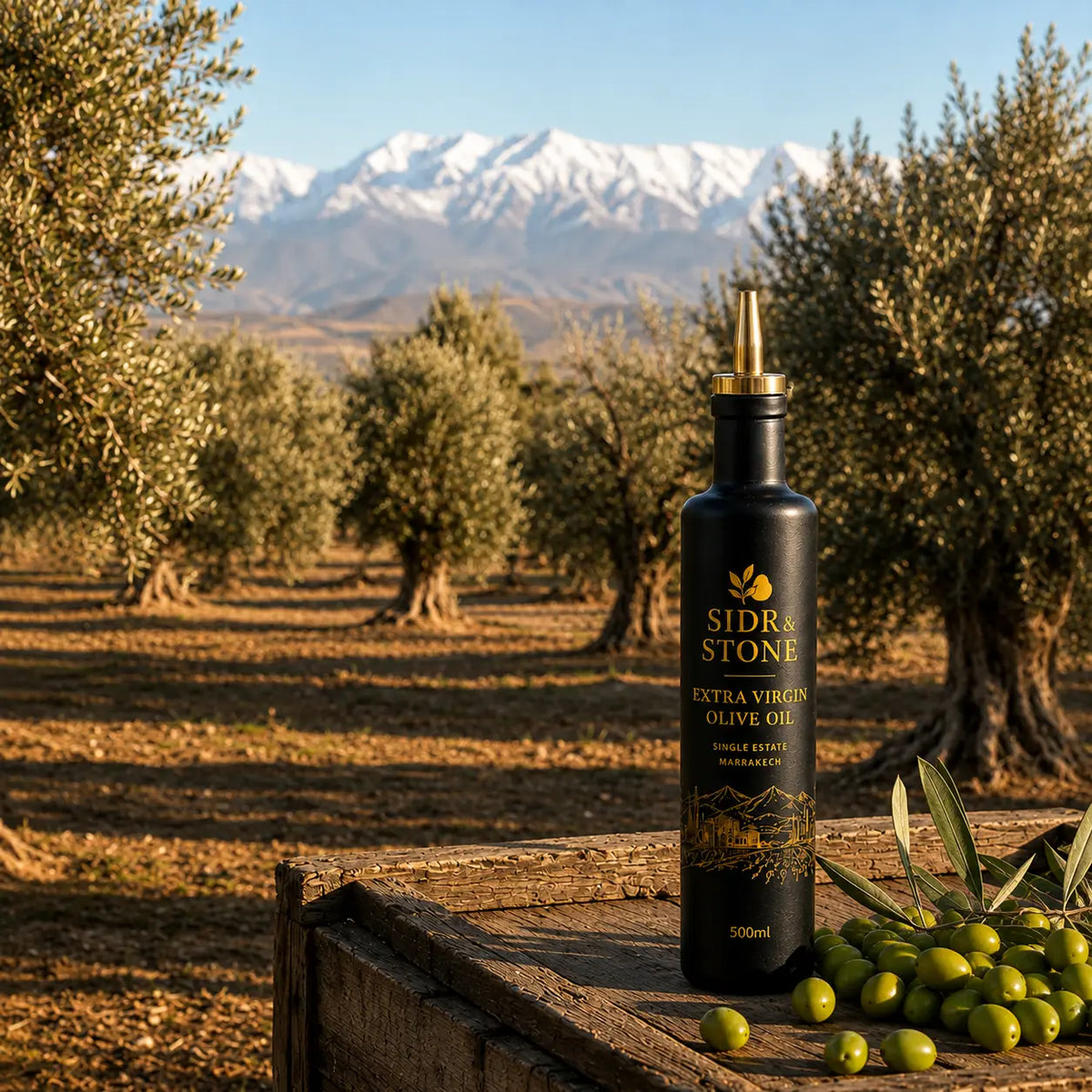 Sidr & Stone 500ml single estate extra virgin olive oil bottle in a Marrakech olive grove with mountains in the background.
