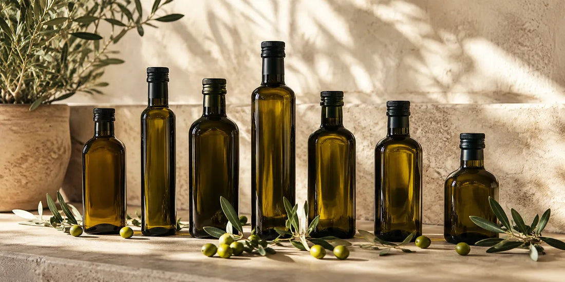 A neat row of unbranded dark glass bottles of rich golden-green extra virgin olive oil on a pale stone surface in warm daylight