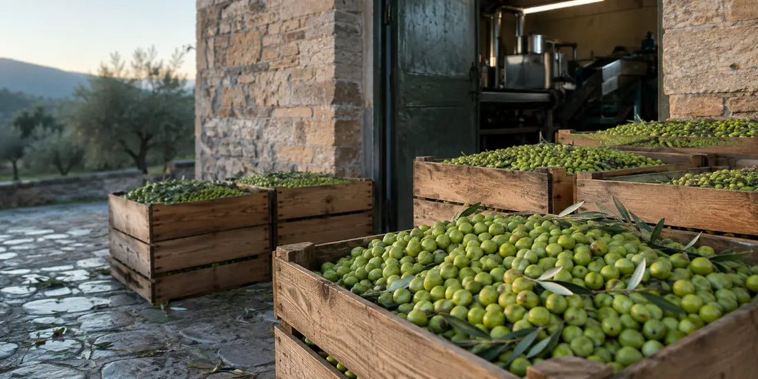 Wooden harvest crates heaped with bright green olives on a stone yard outside a mill door at first light