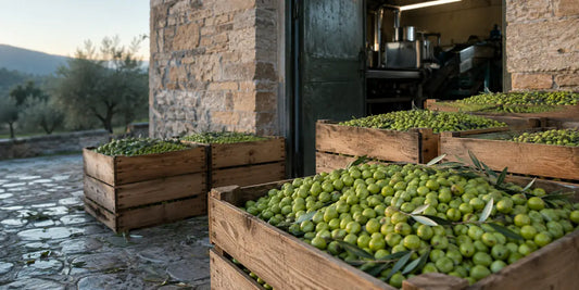 Wooden harvest crates heaped with bright green olives on a stone yard outside a mill door at first light