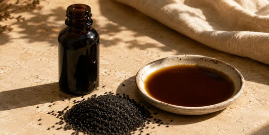 Dark glass bottle with matte black seeds and a dish of deep bronze oil on pale stone