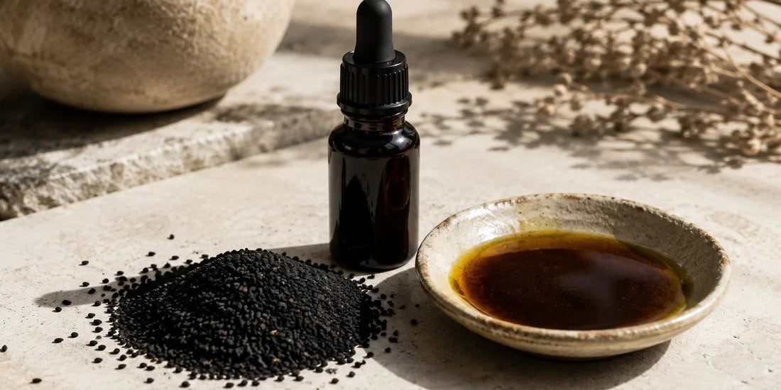 Matte black Nigella sativa seeds beside a dark glass dropper bottle and dish of deep bronze oil