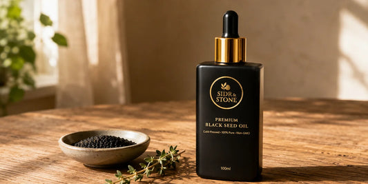 Tall glass of cold water beside scattered matte black Nigella sativa seeds on a pale stone counter