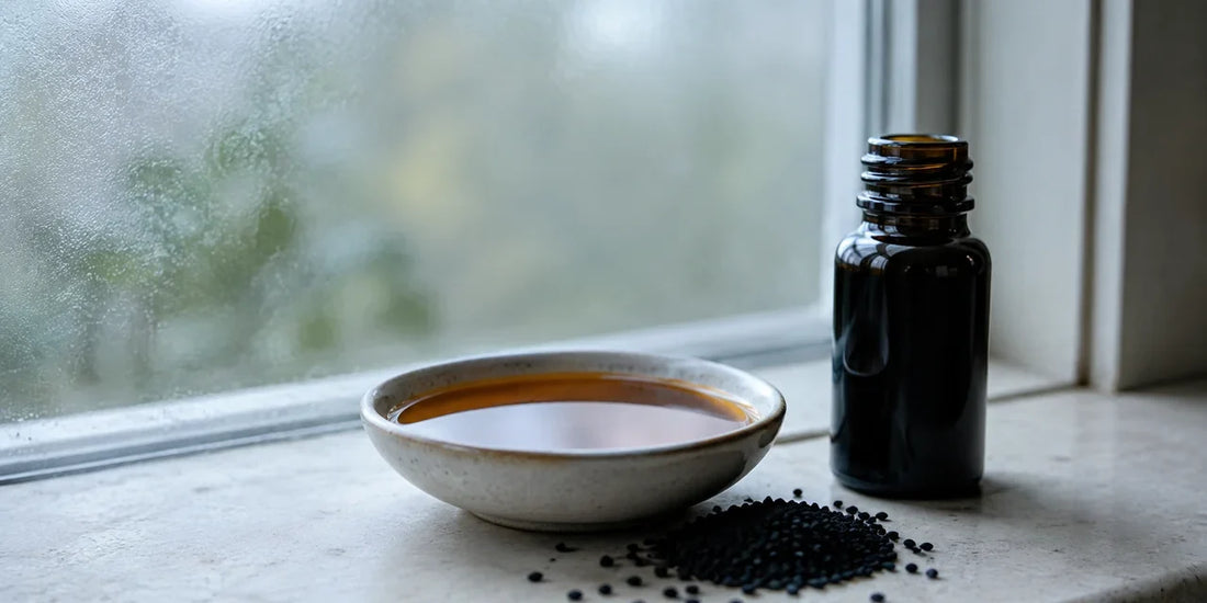 Dark glass bottle and dish of deep amber oil on a pale stone windowsill with misted glass behind