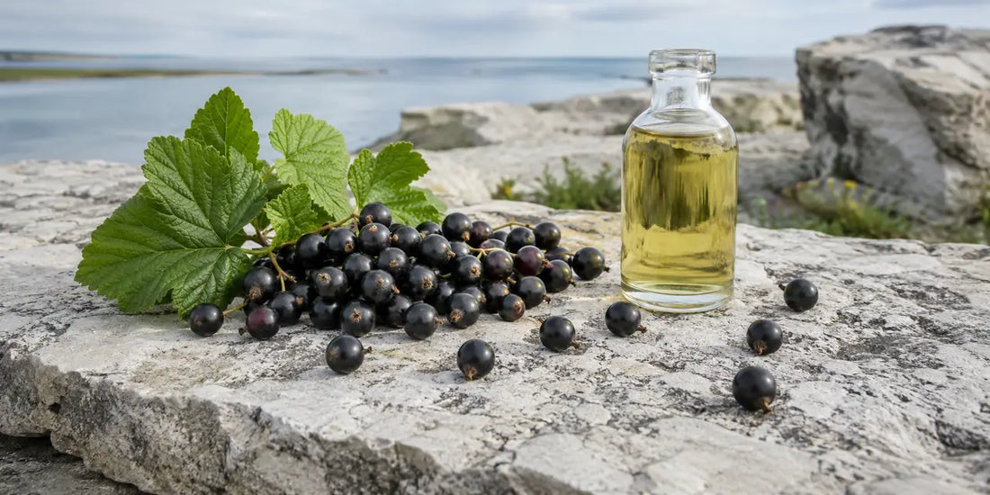 Cluster of ripe blackcurrants with green leaves beside a small clear glass bottle of pale oil on limestone