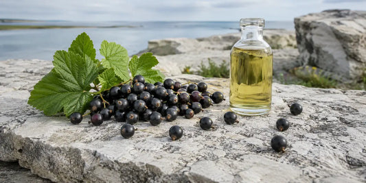 Cluster of ripe blackcurrants with green leaves beside a small clear glass bottle of pale oil on limestone