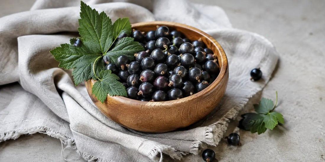 Small wooden bowl of ripe blackcurrants with green leaves resting on rumpled linen over pale stone