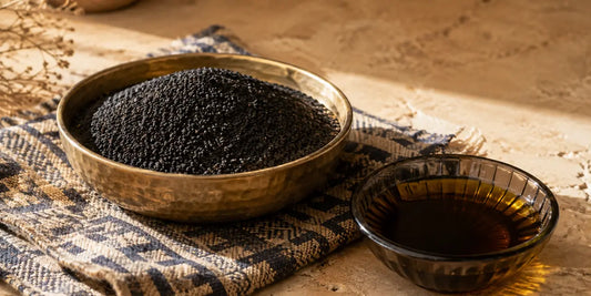 Hammered brass bowl of whole black cumin seeds on a woven indigo and sand textile beside a dish of deep bronze oil
