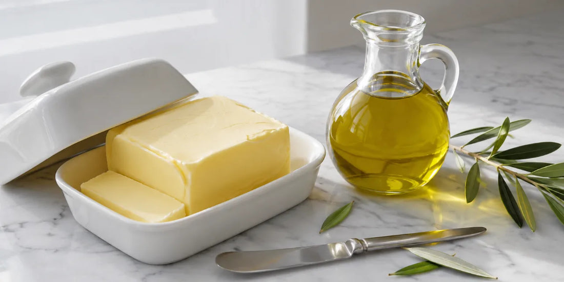 White ceramic butter dish holding cut butter beside a glass cruet of golden-green olive oil on white marble