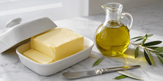 White ceramic butter dish holding cut butter beside a glass cruet of golden-green olive oil on white marble