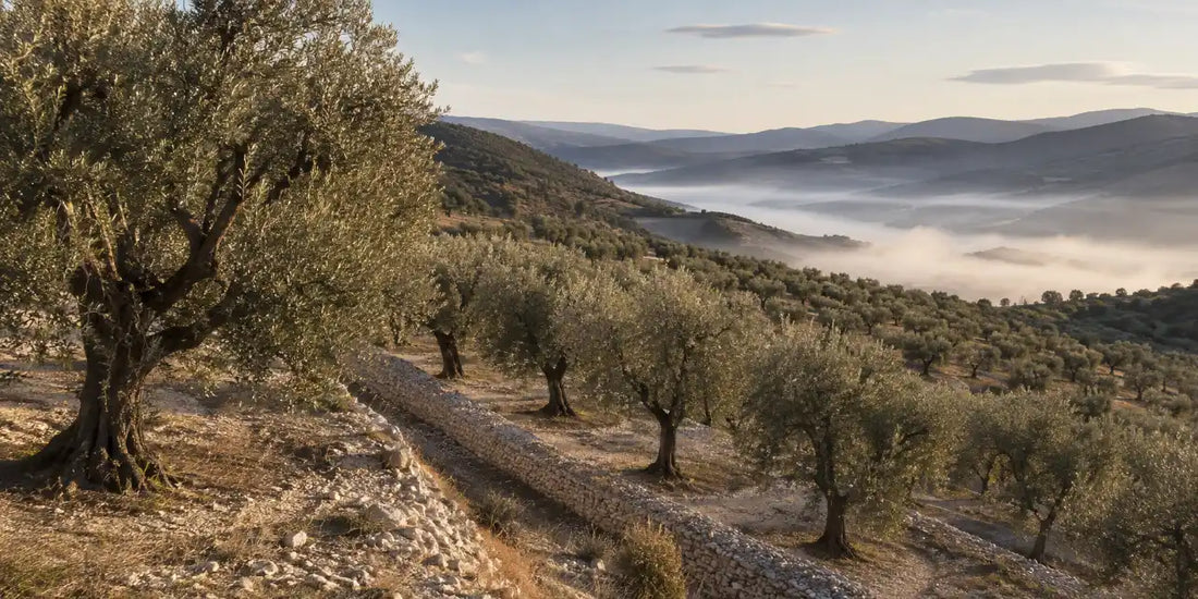Terraced hillside rows of old olive trees with silvery leaves above a misty valley in soft morning light