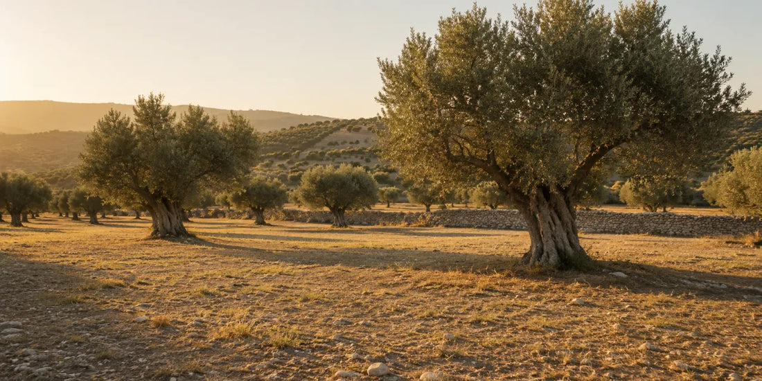 Wide western Sicilian olive grove on rolling hills with long shadows across dry golden grass in late light