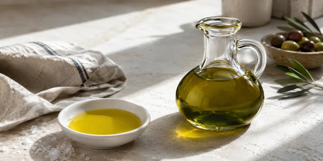 Unbranded glass cruet of rich golden-green olive oil beside a small dish and linen cloth on pale stone