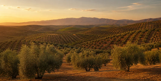 Endless rows of mature olive trees on rolling red-earth hills under warm low Andalusian sunlight