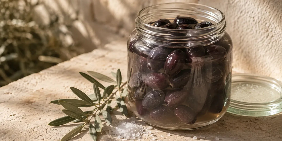 Clear glass jar of dark purple-black olives in brine beside an olive sprig and coarse salt on limestone