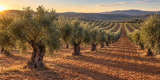 Long rows of mature olive trees on dry reddish Spanish farmland under warm low late-afternoon sunlight