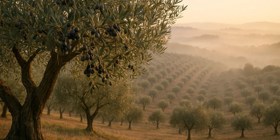 Spreading olive tree heavy with ripe black fruit above terraced Tuscan grove rows fading into first-light mist
