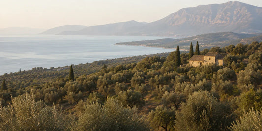 Dense silver-green olive groves on terraced ground running down towards a calm blue gulf with limestone mountains behind
