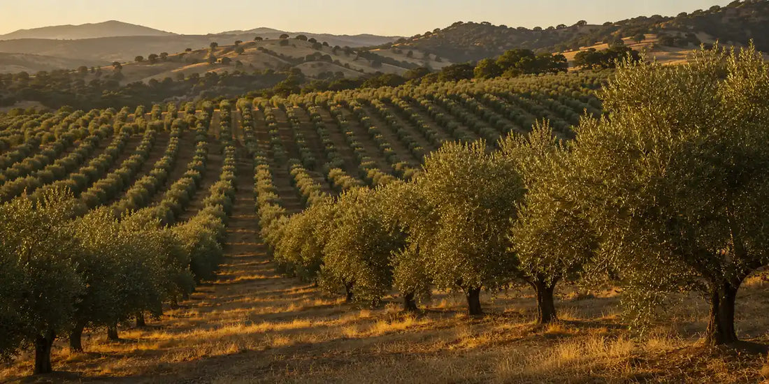 Long rows of silver-green olive trees across rolling Californian foothills in low golden evening light