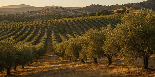 Long rows of silver-green olive trees across rolling Californian foothills in low golden evening light