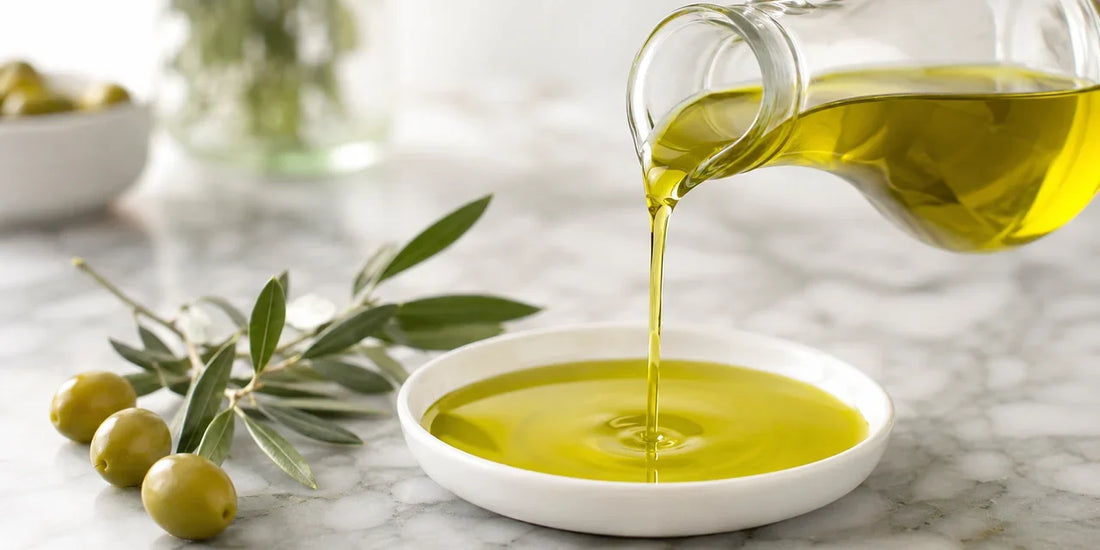 Rich green-gold olive oil poured from a glass jug into a white dish on pale marble