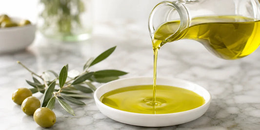 Rich green-gold olive oil poured from a glass jug into a white dish on pale marble