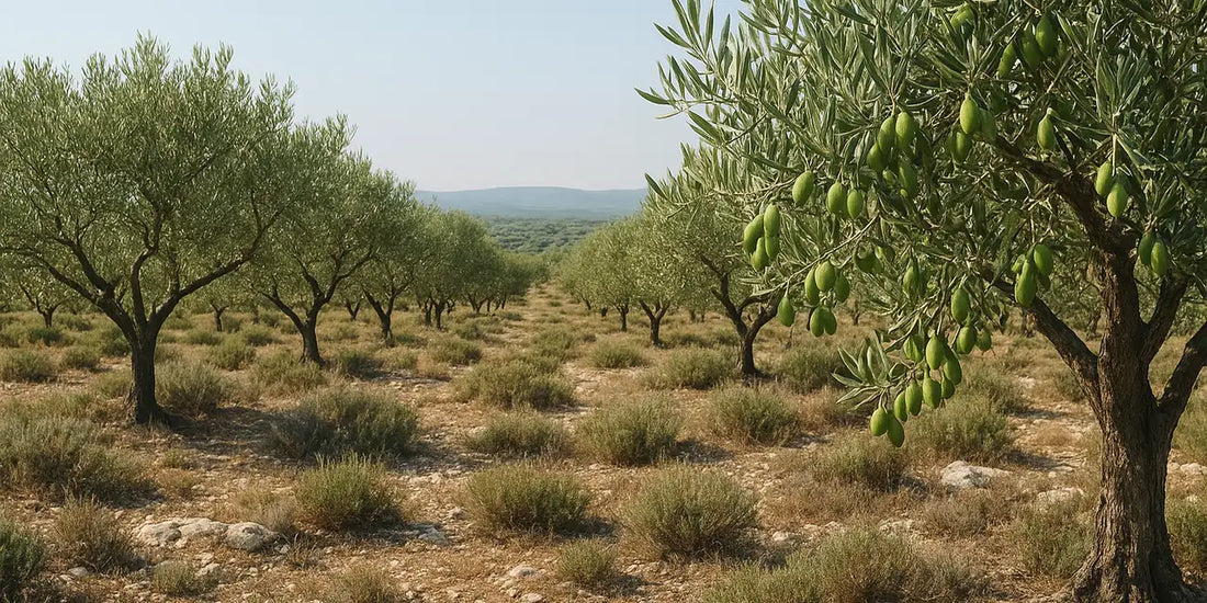 Southern French olive grove on limestone garrigue, slender green olives on spreading trees above thyme and rosemary scrub