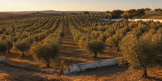 Rows of mature olive trees with silvery foliage on rolling inland hills in low golden late-afternoon light