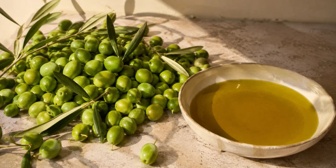 Freshly harvested green olives beside a shallow dish of rich golden-green olive oil on a pale stone surface