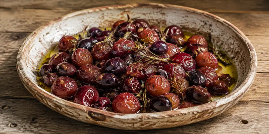 Roasted red grapes and dark Kalamata olives glistening in a shallow ceramic dish with rosemary sprigs