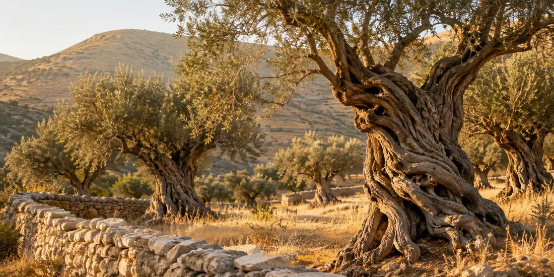 Ancient gnarled olive trees in a sunlit Sicilian grove with dry golden grass and dry-stone wall