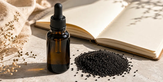 Amber dropper bottle beside a heap of whole black cumin seeds on an open blank notebook in soft daylight