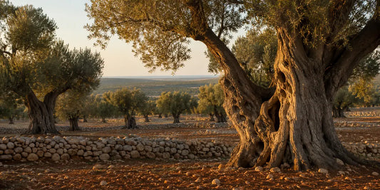 Ancient gnarled Puglian olive trees with silver-green canopies in stony red soil between low dry-stone walls