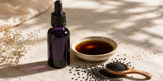 A dark violet glass black seed oil bottle beside matte black cumin seeds and a dish of deep amber oil on pale stone