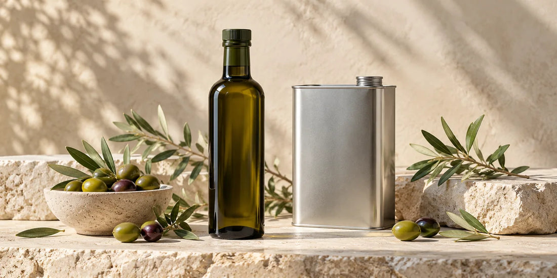 Unlabelled dark olive oil bottle and silver tin beside olives and leafy sprigs on pale stone.