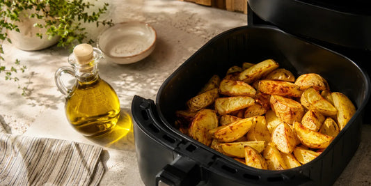 Open air fryer basket of golden roasted potato wedges beside a glass cruet of rich golden-green olive oil