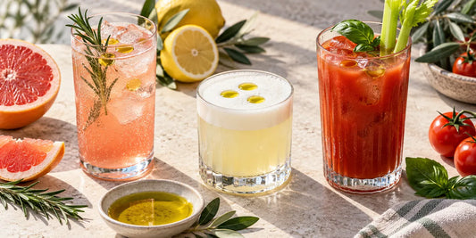 Three alcohol-free olive oil drinks: grapefruit rosemary soda, a foamy lemon sour and a tomato cooler on stone