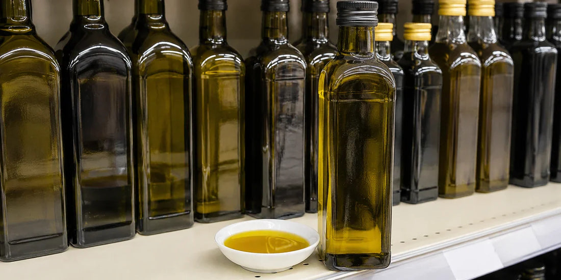 Several unbranded olive oil bottles on a clean bright supermarket shelf beside a small dish of rich golden-green oil, in soft light