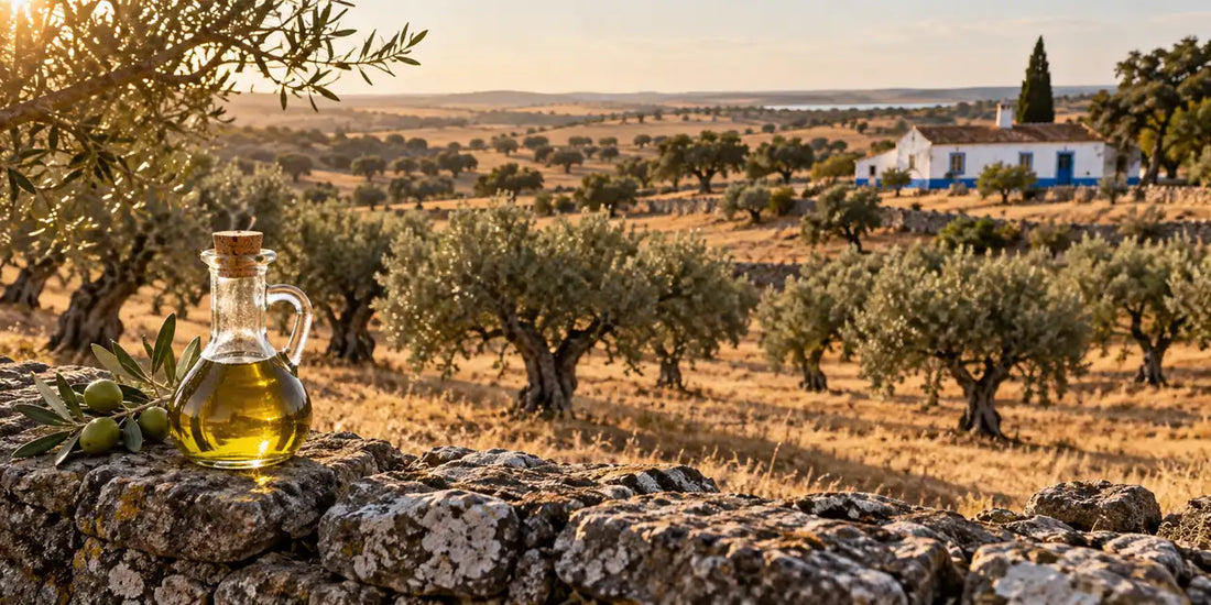 Old olive trees across the rolling Alentejo plain with a whitewashed farmhouse and a cruet of golden-green oil