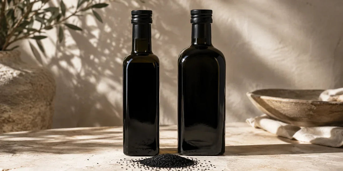 Two dark glass black seed oil bottles side by side on a pale stone surface with Nigella seeds in warm directional light