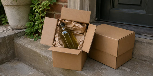 Plain cardboard delivery carton open on a stone step with a glass bottle of olive oil in paper packing