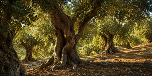 Ancient gnarled olive trees with silver-green leaves in a Mediterranean grove in warm golden afternoon light