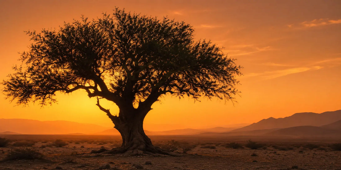 Silhouette of a large mature Sidr tree against the warm golden light of late afternoon in an arid landscape