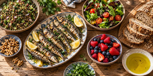 Overhead table of grilled sardines, lentil salad, leafy greens, tomatoes, walnuts, berries and golden-green olive oil