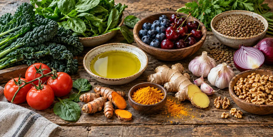 Leafy greens, tomatoes, berries, turmeric, ginger, garlic, walnuts and a dish of golden-green olive oil on wood