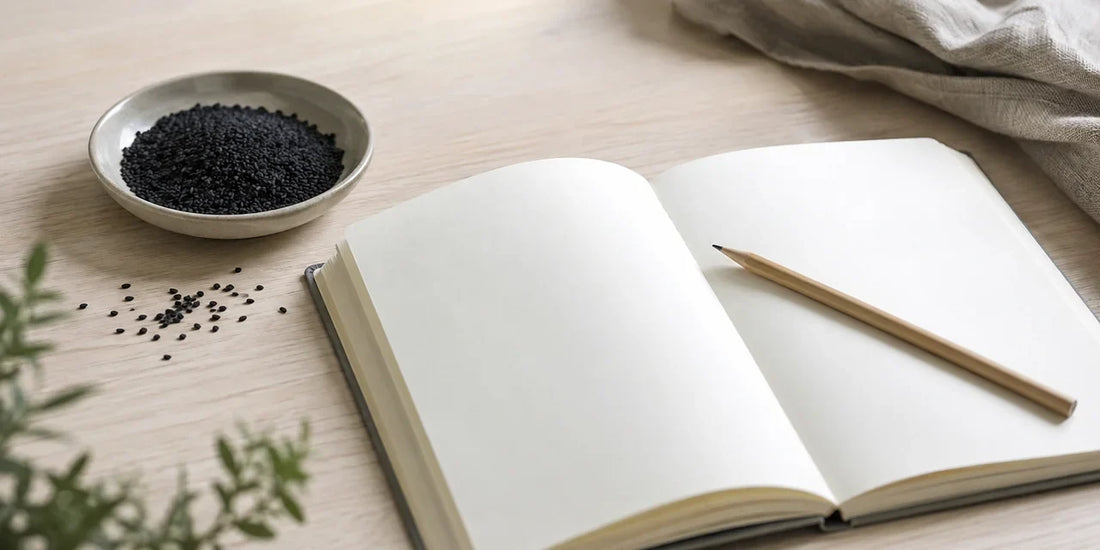 Open notebook with blank pages, a pencil and a dish of matte black seeds on a pale desk