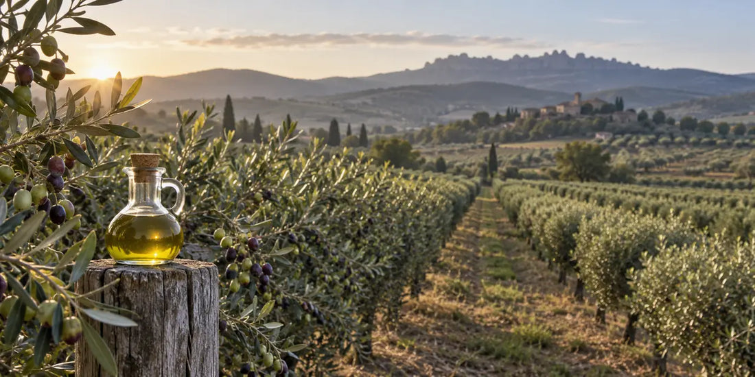 Narrow hedgerow of compact olive trees at dawn, with a glass cruet of golden-green oil on a post