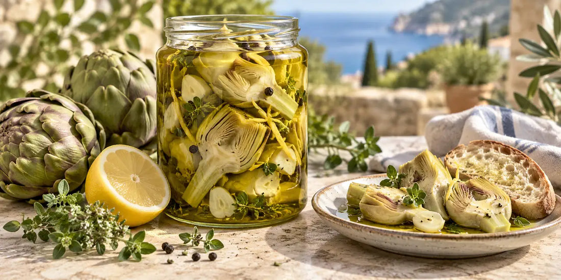 Glass jar of tender artichoke hearts covered in golden-green olive oil with lemon zest, garlic and oregano beside fresh artichokes