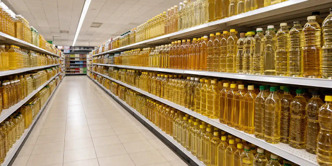 Wide supermarket aisle with long shelves of unlabelled cooking oil bottles under bright even lighting